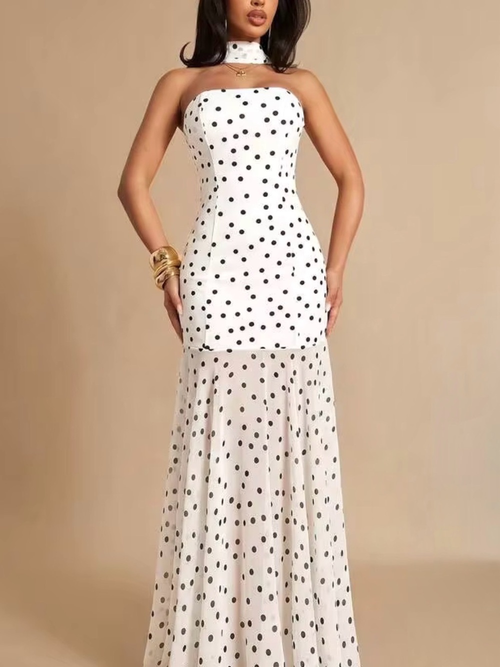 Strapless Polka Dot Maxi Dress in White and Black